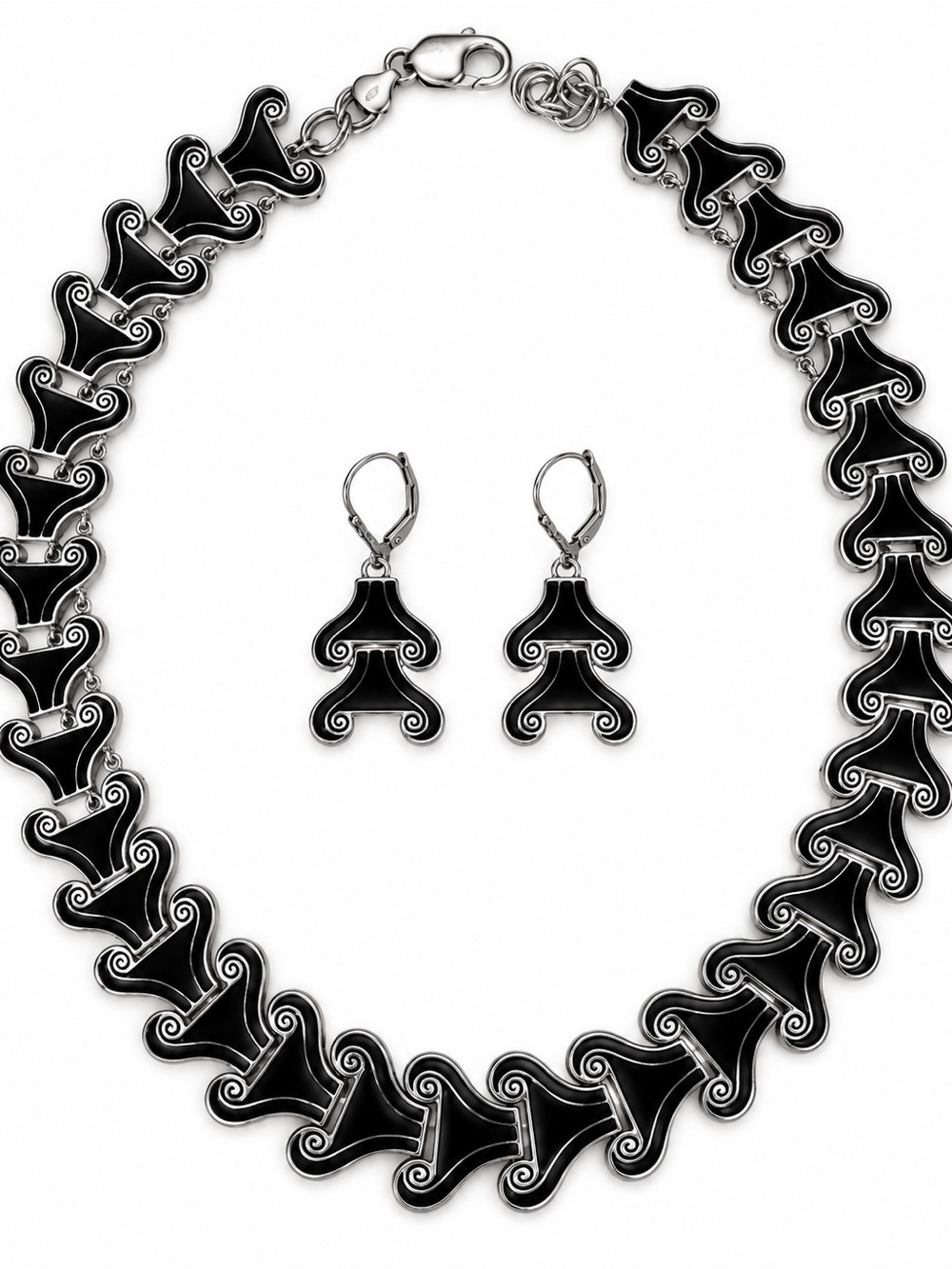 Women's Black Enamel & Silver Statement Necklace and Earring Set